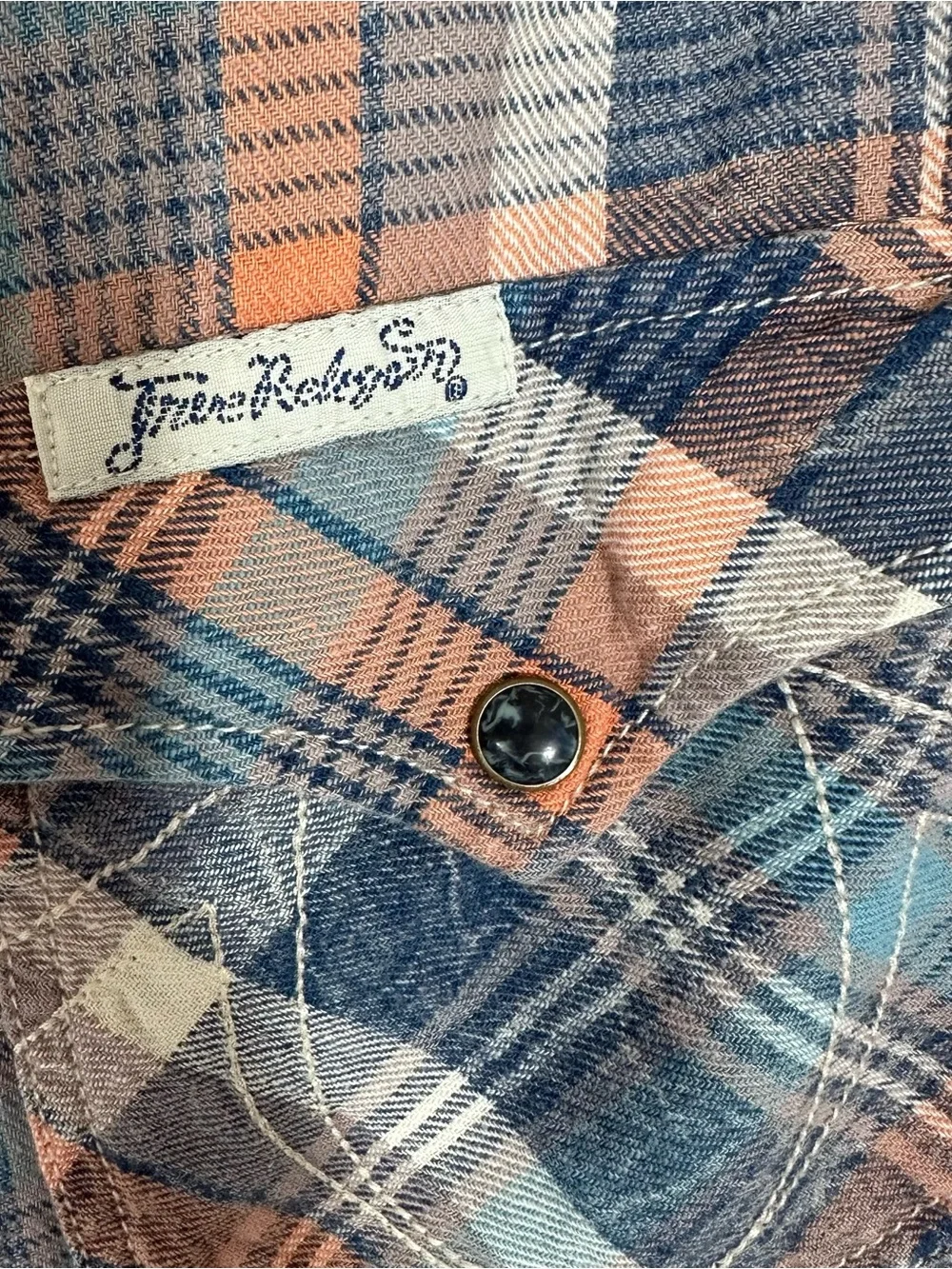 True Religion Blue and Peach Plaid Button-Down Shirt